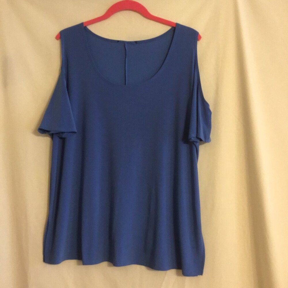 SLINKY BRAND Dusty Blue Short Sleeve Cold Shoulder Scoop Neck Liquid Knit Top XL